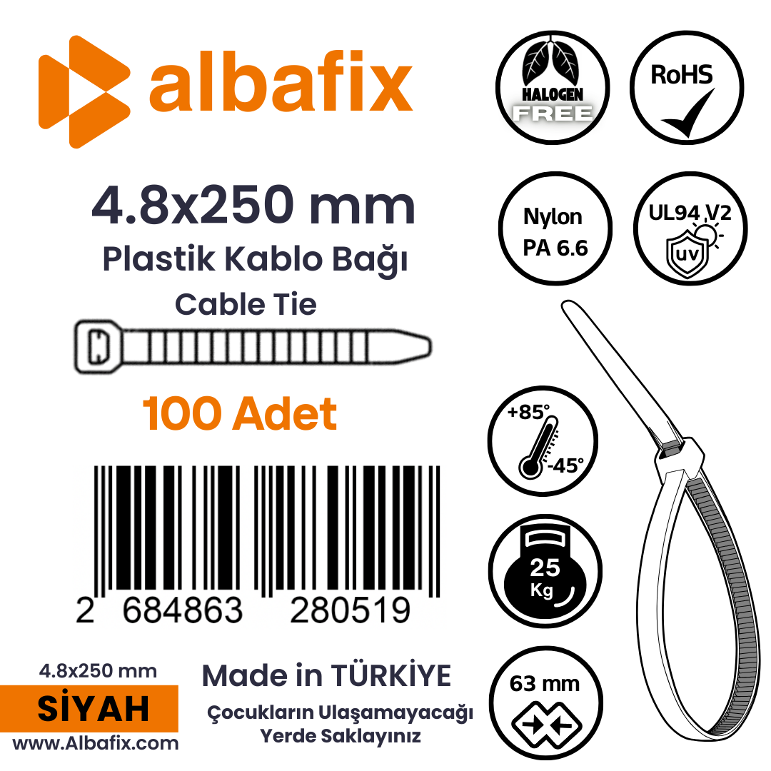 4.8x250%20mm%20Siyah%20Plastik%20Kablo%20Bağı%20Klipsi%20Cırt%20Kelepçe%20100%20Adet