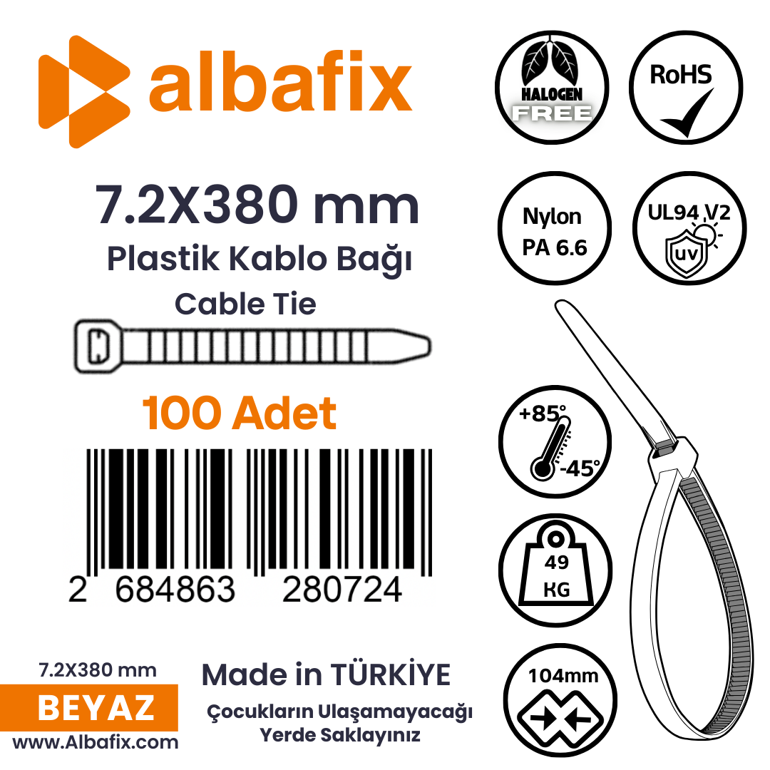 7.2x380%20mm%20Beyaz%20Plastik%20Kablo%20Bağı%20Klipsi%20Cırt%20Kelepçe%20100%20Adet