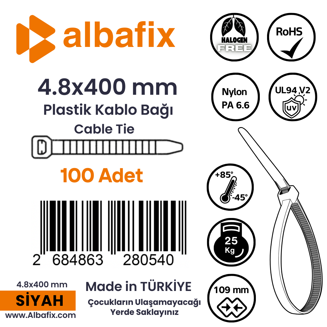 4.8x400%20mm%20Siyah%20Plastik%20Kablo%20Bağı%20Klipsi%20Cırt%20Kelepçe%20100%20Adet