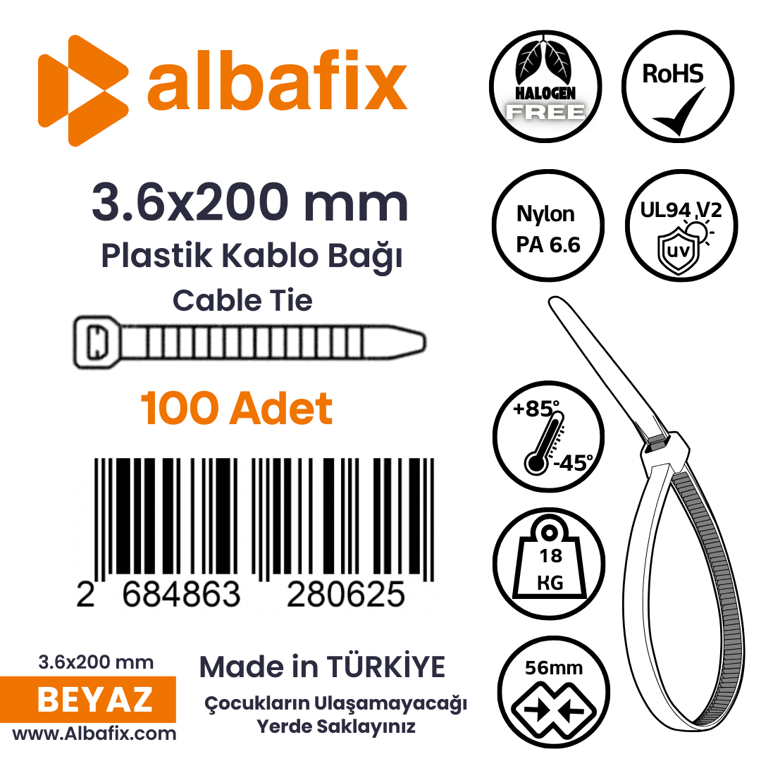 3.6x200%20mm%20Beyaz%20Plastik%20Kablo%20Bağı%20Klipsi%20Cırt%20Kelepçe%20100%20Adet
