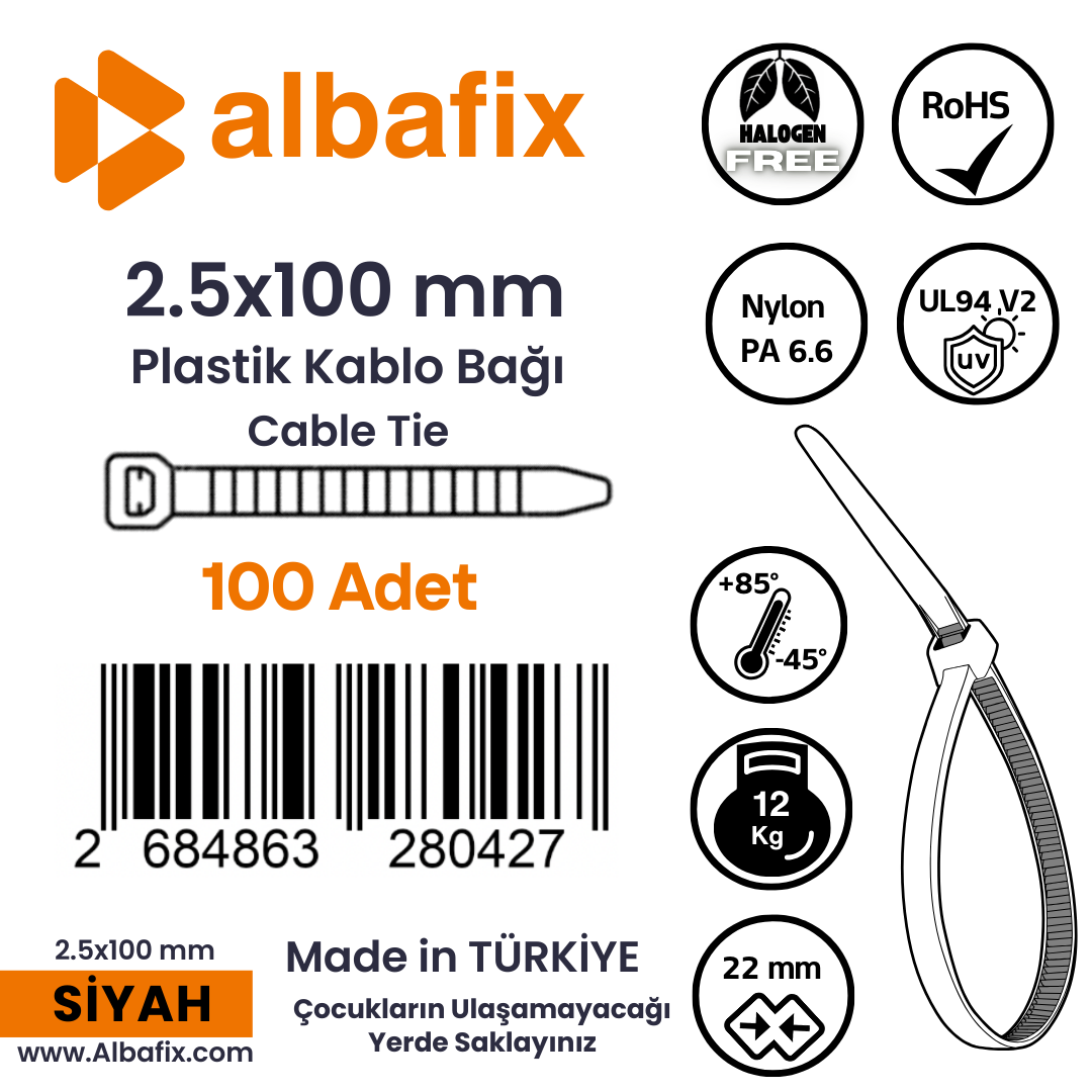 2.5x100%20mm%20Siyah%20Plastik%20Kablo%20Bağı%20Klipsi%20Cırt%20Kelepçe%20100%20Adet