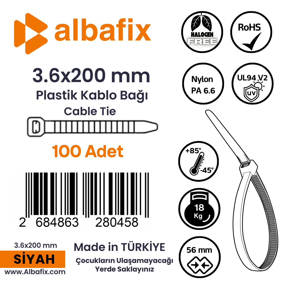 3.6x200%20mm%20Siyah%20Plastik%20Kablo%20Bağı%20Klipsi%20Cırt%20Kelepçe%20100%20Adet