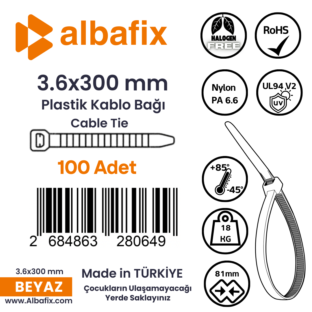 3.6x300%20mm%20Beyaz%20Plastik%20Kablo%20Bağı%20Klipsi%20Cırt%20Kelepçe%20100%20Adet