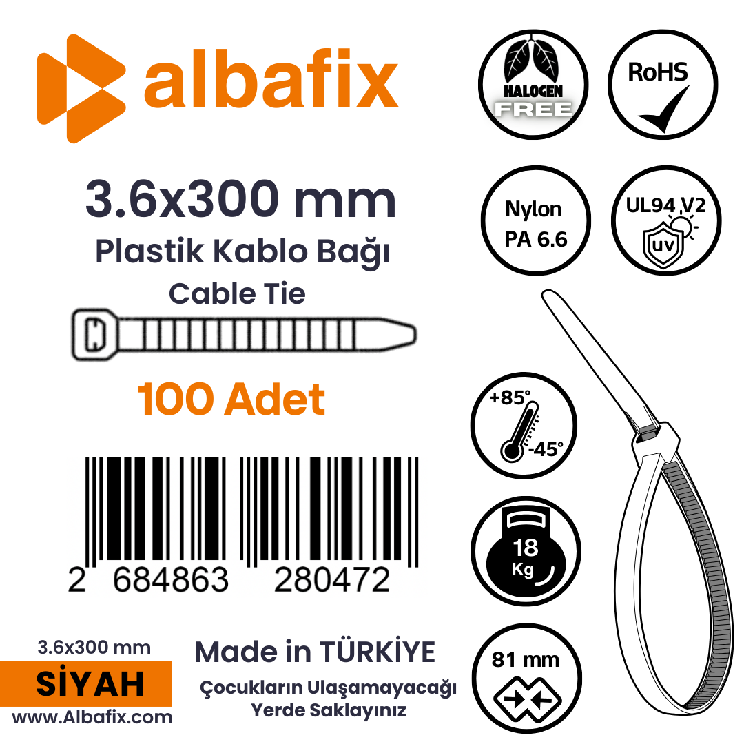 3.6x300%20mm%20Siyah%20Plastik%20Kablo%20Bağı%20Klipsi%20Cırt%20Kelepçe%20100%20Adet