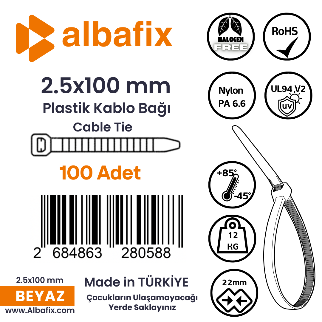 2.5x100%20mm%20Beyaz%20Plastik%20Kablo%20Bağı%20Klipsi%20Cırt%20Kelepçe%20100%20Adet