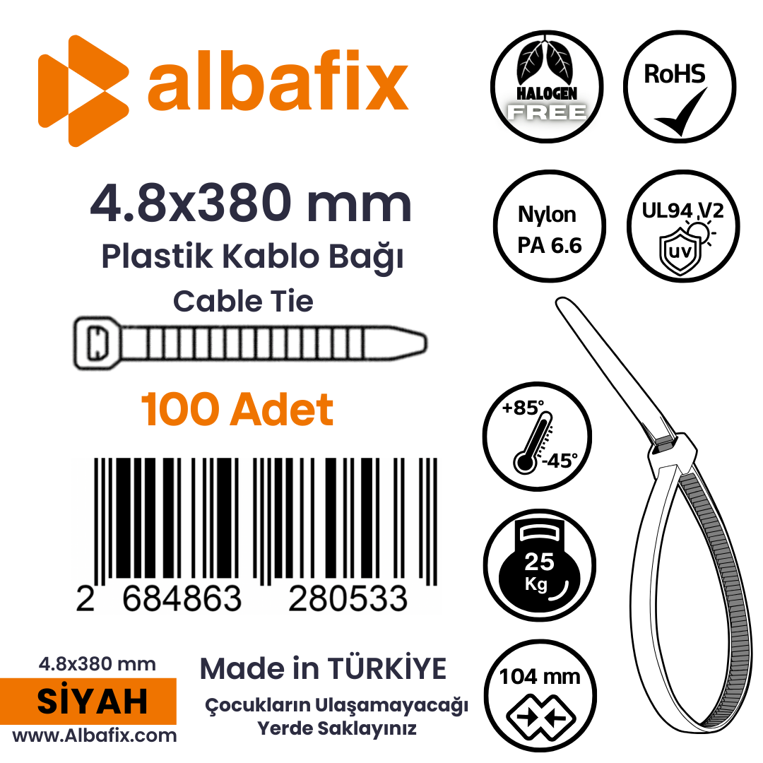 4.8x380%20mm%20Siyah%20Plastik%20Kablo%20Bağı%20Klipsi%20Cırt%20Kelepçe%20100%20Adet