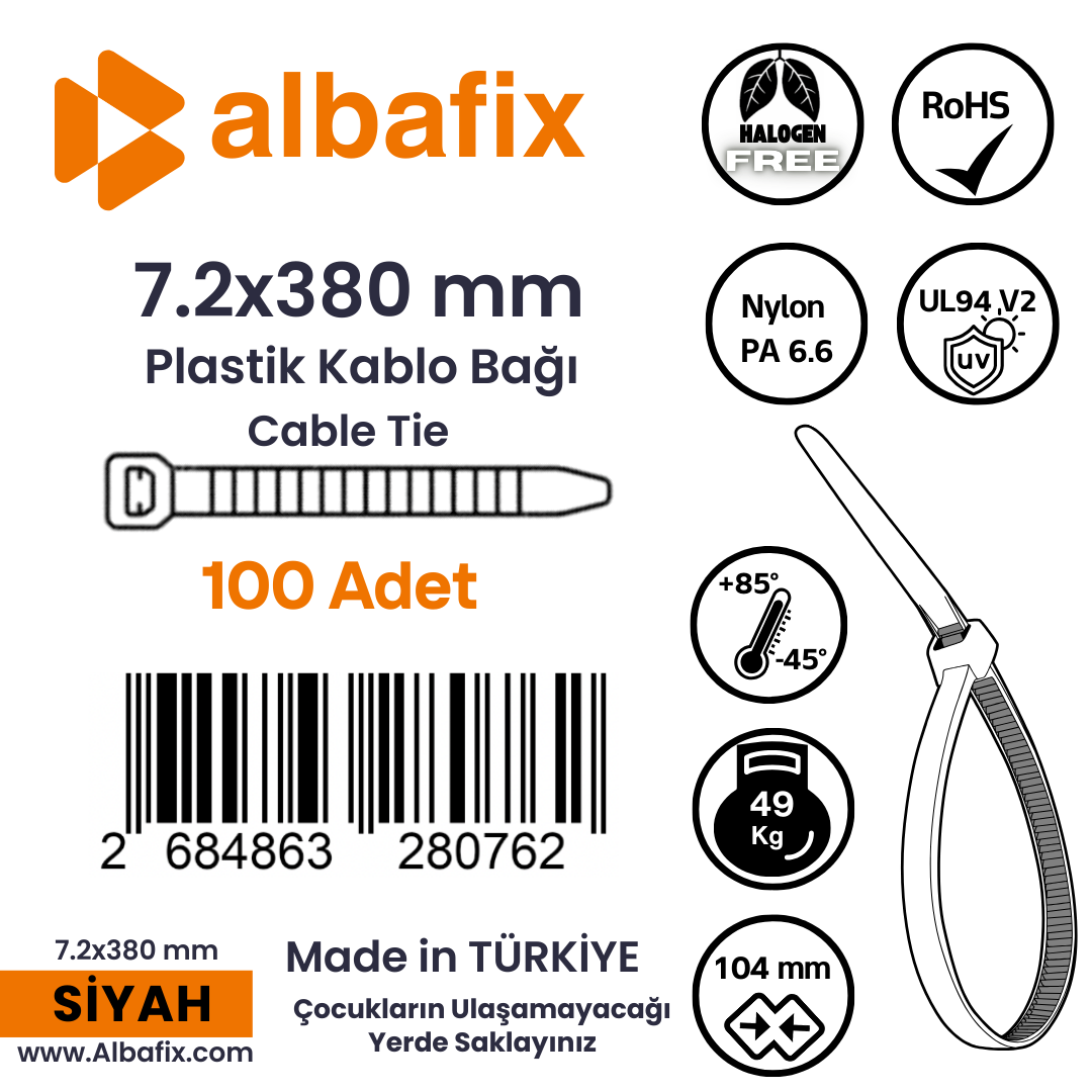 7.2x380%20mm%20Siyah%20Plastik%20Kablo%20Bağı%20Klipsi%20Cırt%20Kelepçe%20100%20Adet