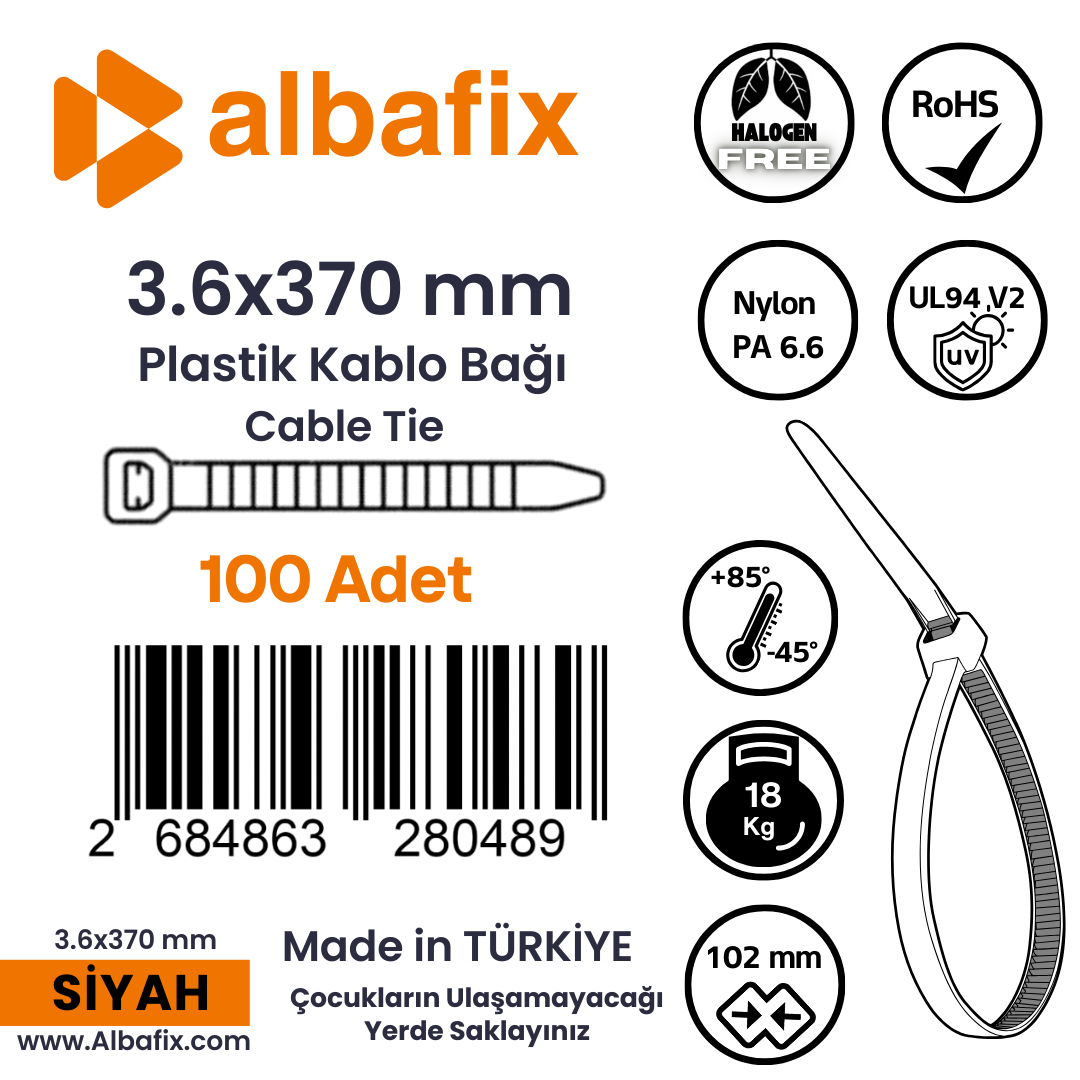 3.6x370%20mm%20Siyah%20Plastik%20Kablo%20Bağı%20Klipsi%20Cırt%20Kelepçe%20100%20Adet