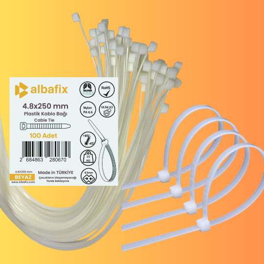 4.8x250%20mm%20Beyaz%20Plastik%20Kablo%20Bağı%20Klipsi%20Cırt%20Kelepçe%20100%20Adet