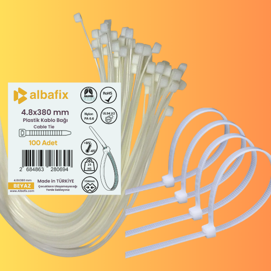 4.8x380%20mm%20Beyaz%20Plastik%20Kablo%20Bağı%20Klipsi%20Cırt%20Kelepçe%20100%20Adet