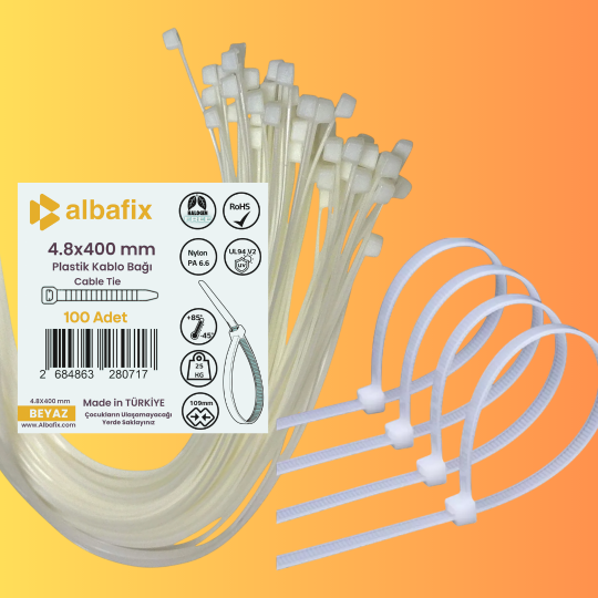 4.8x400%20mm%20Beyaz%20Plastik%20Kablo%20Bağı%20Klipsi%20Cırt%20Kelepçe%20100%20Adet