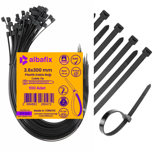 3.6x300%20mm%20Siyah%20Plastik%20Kablo%20Bağı%20Klipsi%20Cırt%20Kelepçe%20100%20Adet