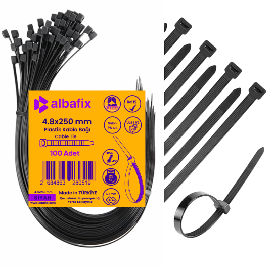 4.8x250%20mm%20Siyah%20Plastik%20Kablo%20Bağı%20Klipsi%20Cırt%20Kelepçe%20100%20Adet
