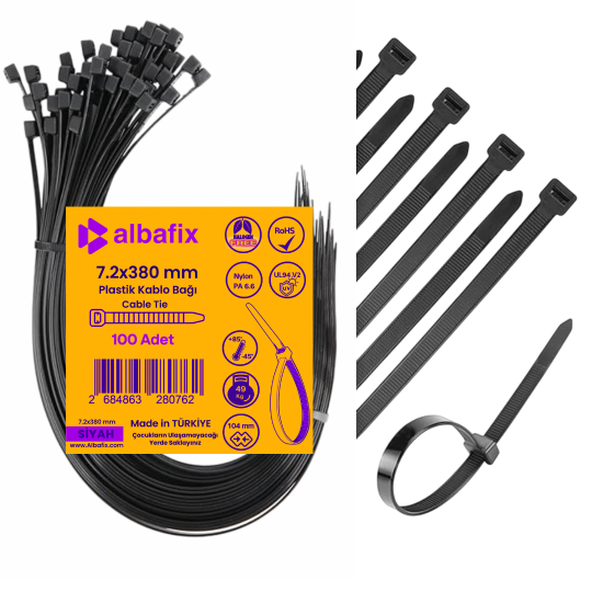 7.2x380%20mm%20Siyah%20Plastik%20Kablo%20Bağı%20Klipsi%20Cırt%20Kelepçe%20100%20Adet
